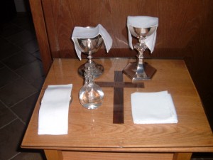 Vessels prepared for the Eucharist.