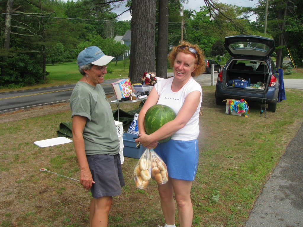 Nancy Stehno and Dani Bond-Ishak trades laughs over watermelon and rolls.