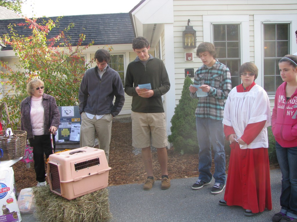 Ben Harrington, Connor Houghton and Ryan Compagna read stories of St. Francis and the animals as Henry and Henriette the chickens await their blessing in their box.