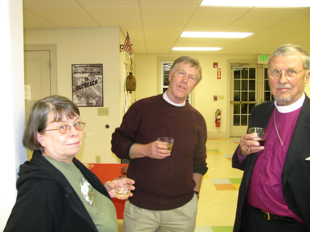 Pillars of the church relax: Susan Ruggle, Fr. John McCausland, Bishop Arthur Walmsley.